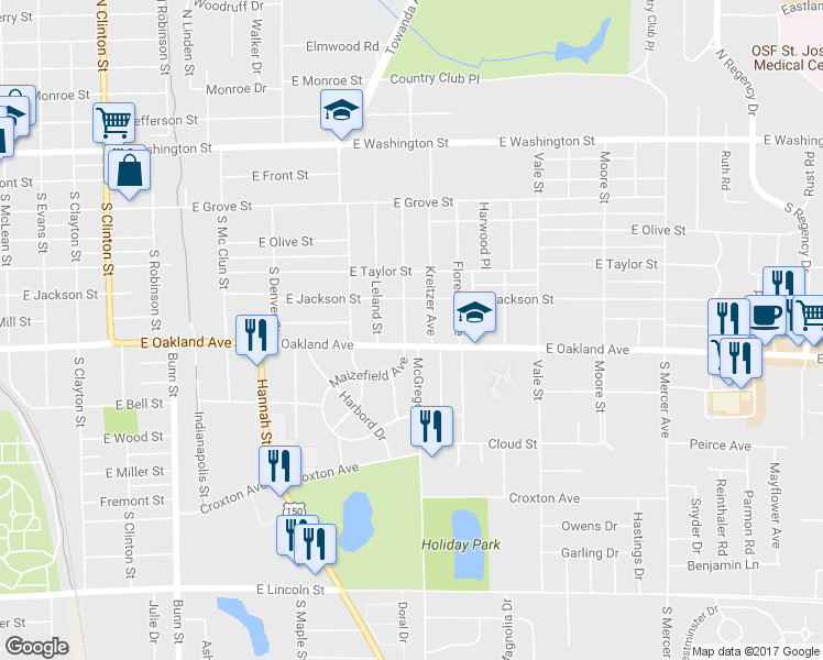 map of restaurants, bars, coffee shops, grocery stores, and more near 412 Willard Avenue in Bloomington