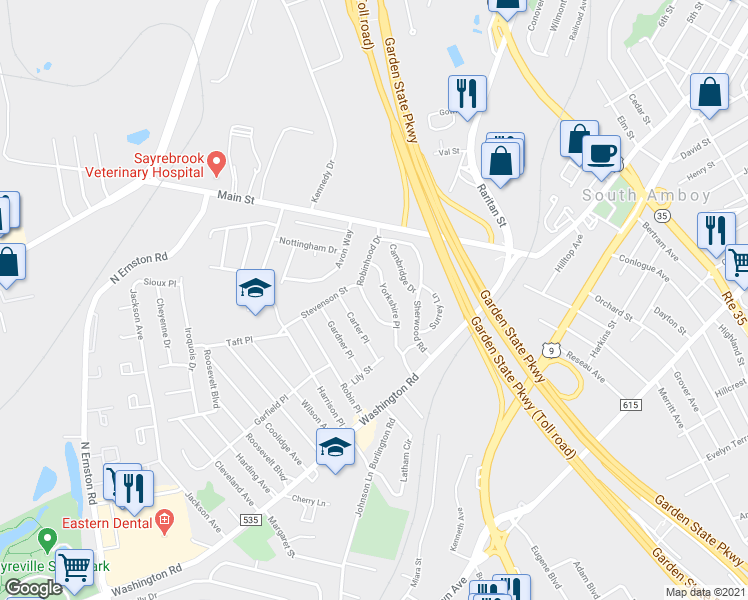 map of restaurants, bars, coffee shops, grocery stores, and more near 12 Robinhood Drive in Sayreville