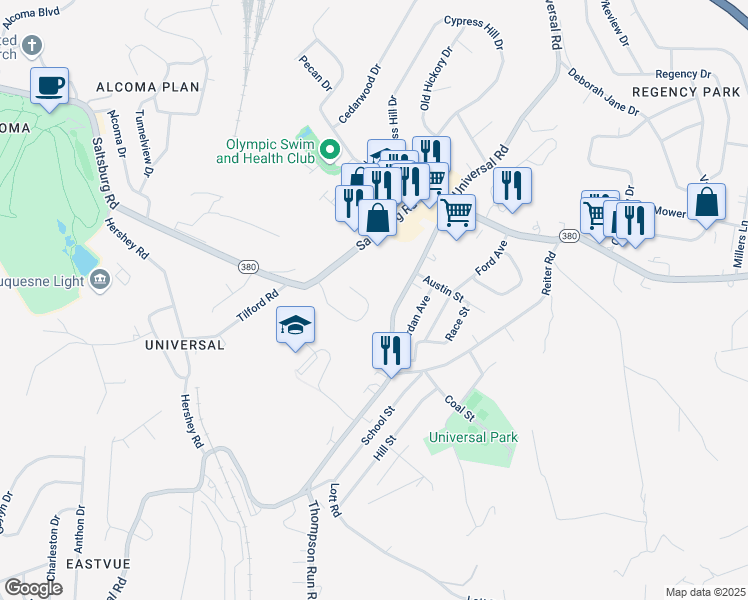 map of restaurants, bars, coffee shops, grocery stores, and more near 176 Colonial Village Drive in Pittsburgh