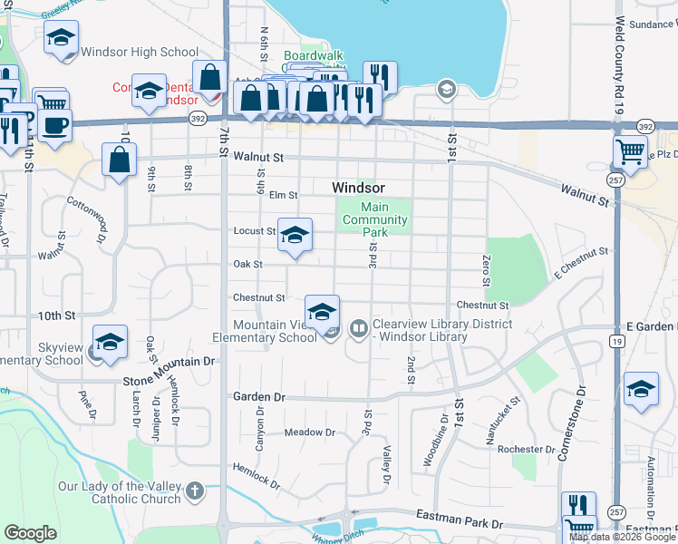 map of restaurants, bars, coffee shops, grocery stores, and more near 329 Oak Street in Windsor