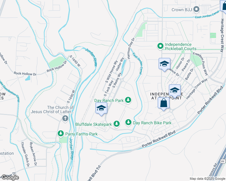 map of restaurants, bars, coffee shops, grocery stores, and more near 15235 South Reins Way in Bluffdale