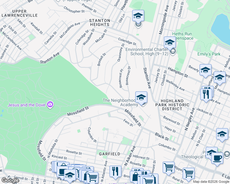 map of restaurants, bars, coffee shops, grocery stores, and more near 230 Schenley Manor Drive in Pittsburgh