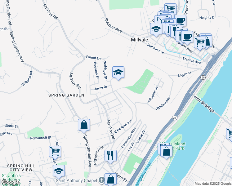 map of restaurants, bars, coffee shops, grocery stores, and more near 2379 East Beckert Avenue in Pittsburgh