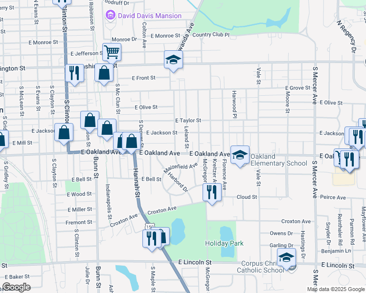 map of restaurants, bars, coffee shops, grocery stores, and more near 411 Leland Street in Bloomington