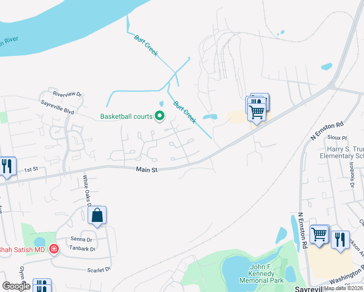 map of restaurants, bars, coffee shops, grocery stores, and more near Kimball Drive East in Sayreville