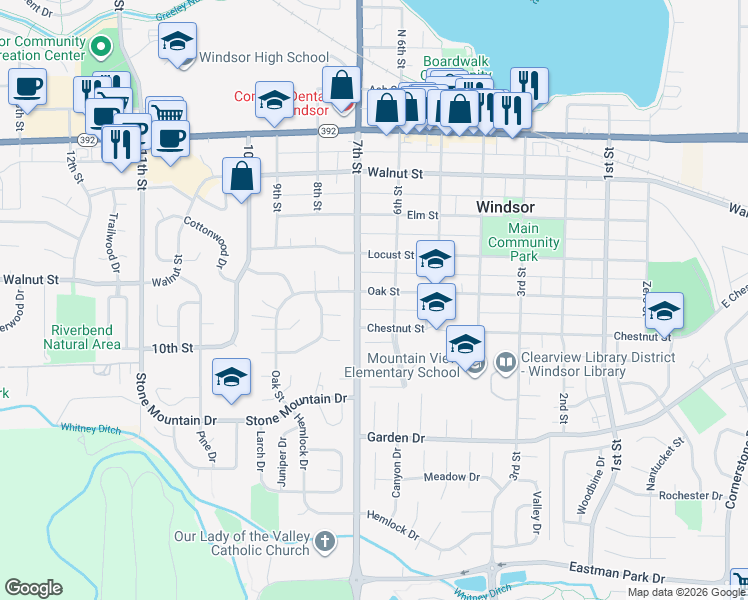 map of restaurants, bars, coffee shops, grocery stores, and more near 615 Oak Street in Windsor