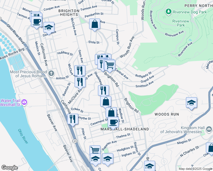 map of restaurants, bars, coffee shops, grocery stores, and more near 3138 Frederick Street in Pittsburgh