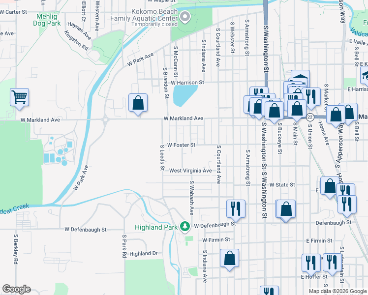 map of restaurants, bars, coffee shops, grocery stores, and more near 1120 South Wabash Avenue in Kokomo