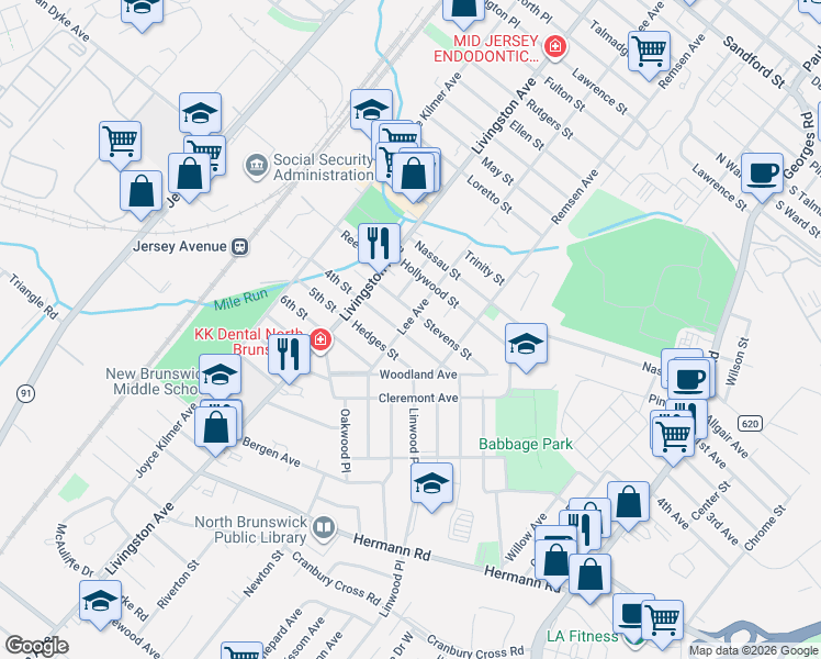map of restaurants, bars, coffee shops, grocery stores, and more near 806 Lee Avenue in North Brunswick Township