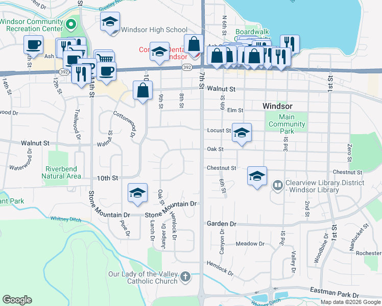 map of restaurants, bars, coffee shops, grocery stores, and more near 717 Oak St in Windsor