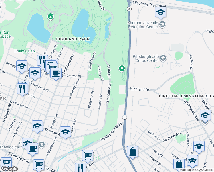 map of restaurants, bars, coffee shops, grocery stores, and more near 6705 Stanton Avenue in Pittsburgh