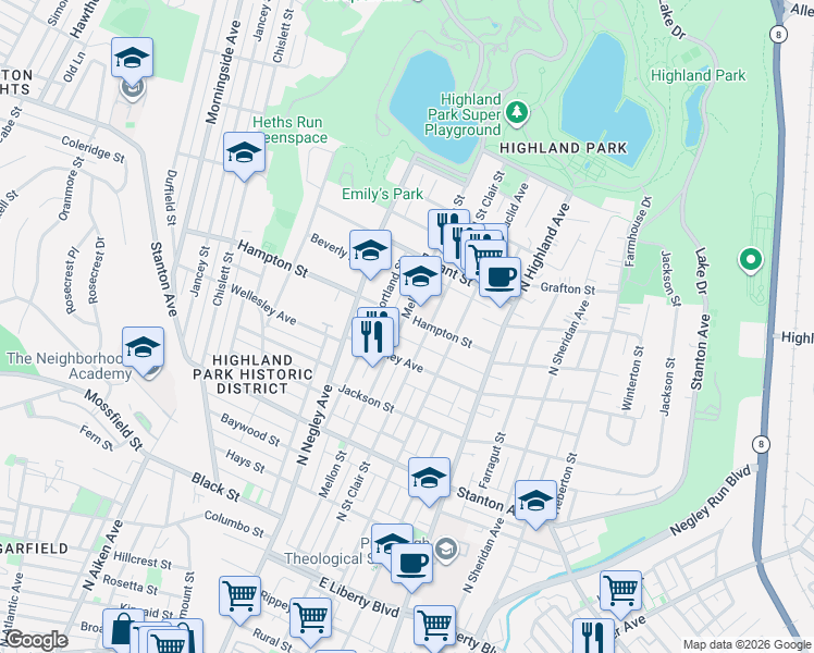 map of restaurants, bars, coffee shops, grocery stores, and more near 1023 Mellon Street in Pittsburgh