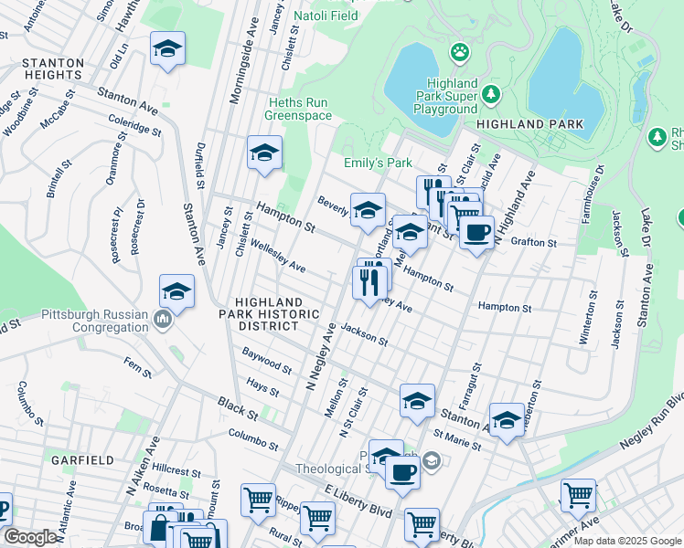 map of restaurants, bars, coffee shops, grocery stores, and more near 5545 Wellesley Avenue in Pittsburgh