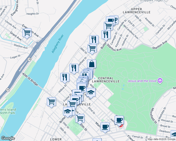 map of restaurants, bars, coffee shops, grocery stores, and more near 4644 Plummer Street in Pittsburgh
