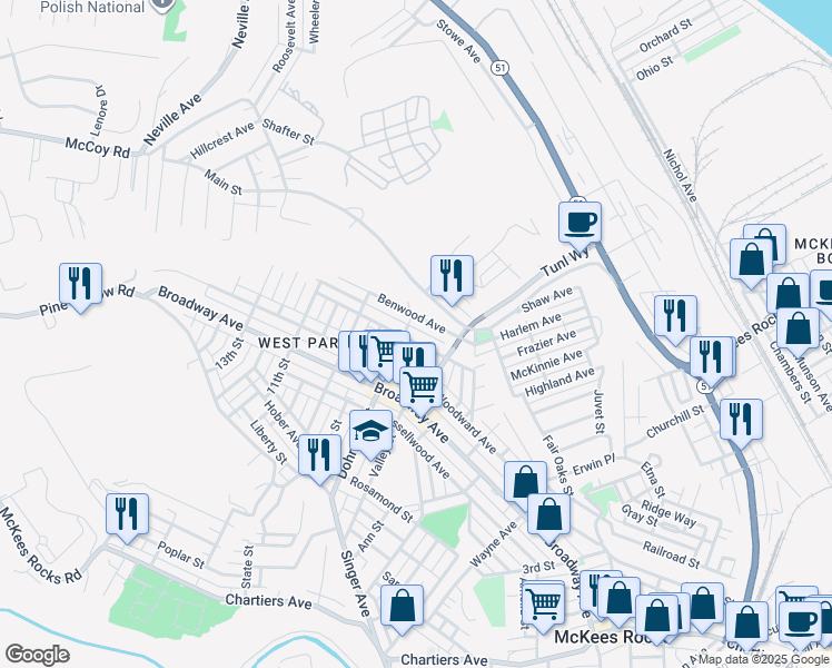map of restaurants, bars, coffee shops, grocery stores, and more near 724A Ridge Avenue in McKees Rocks