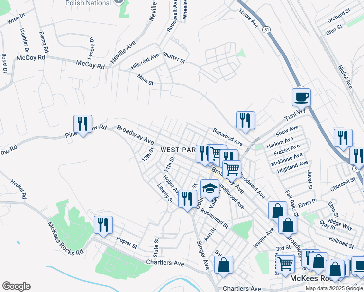 map of restaurants, bars, coffee shops, grocery stores, and more near 935 Woodward Avenue in McKees Rocks