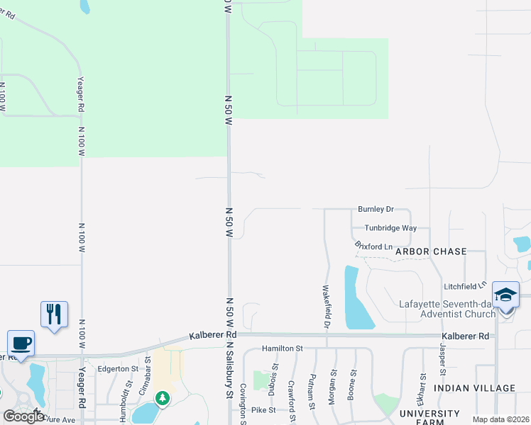 map of restaurants, bars, coffee shops, grocery stores, and more near 3548 Burnley Drive in West Lafayette
