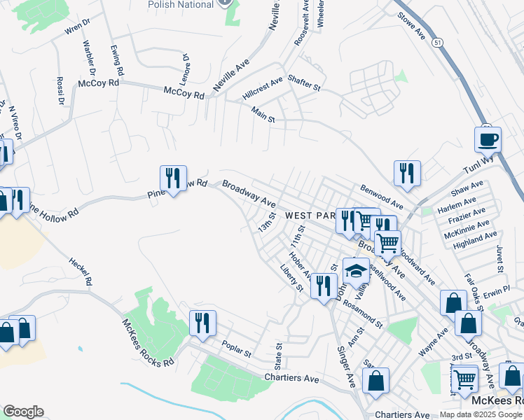 map of restaurants, bars, coffee shops, grocery stores, and more near 1101 14th Street in McKees Rocks