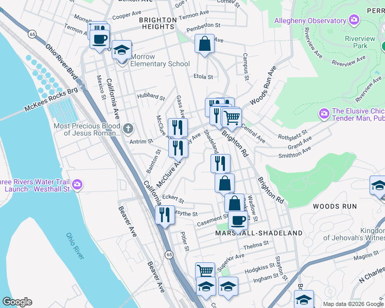 map of restaurants, bars, coffee shops, grocery stores, and more near 1325 Malden Street in Pittsburgh