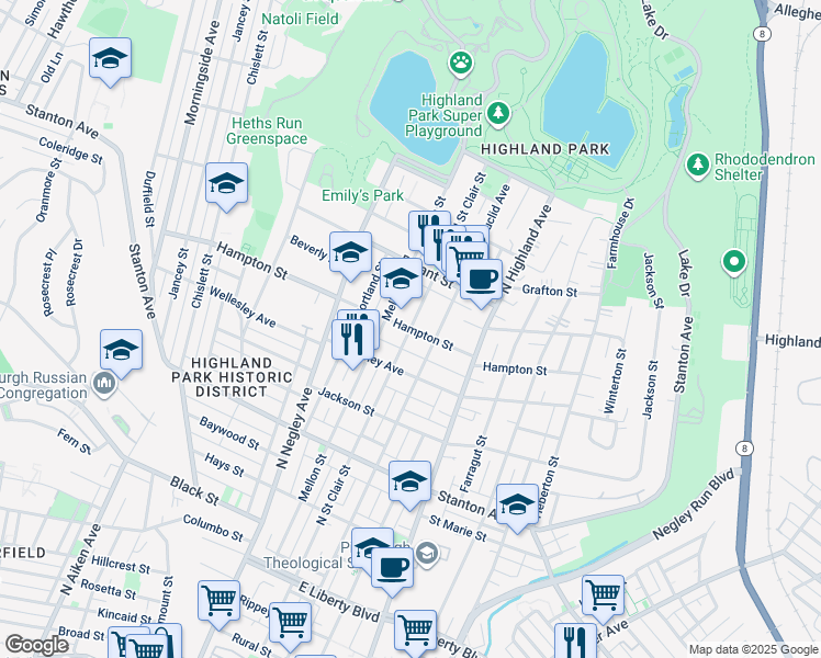 map of restaurants, bars, coffee shops, grocery stores, and more near 5799 Hampton Street in Pittsburgh