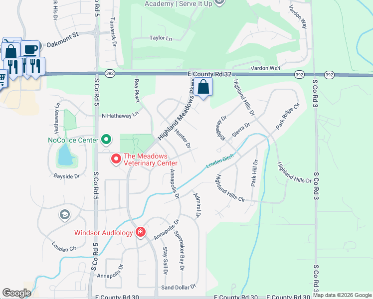 map of restaurants, bars, coffee shops, grocery stores, and more near 5447 Hunter Drive in Windsor