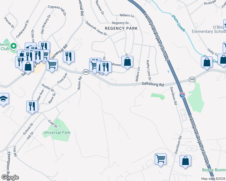 map of restaurants, bars, coffee shops, grocery stores, and more near 7640 Saltsburg Road in Pittsburgh