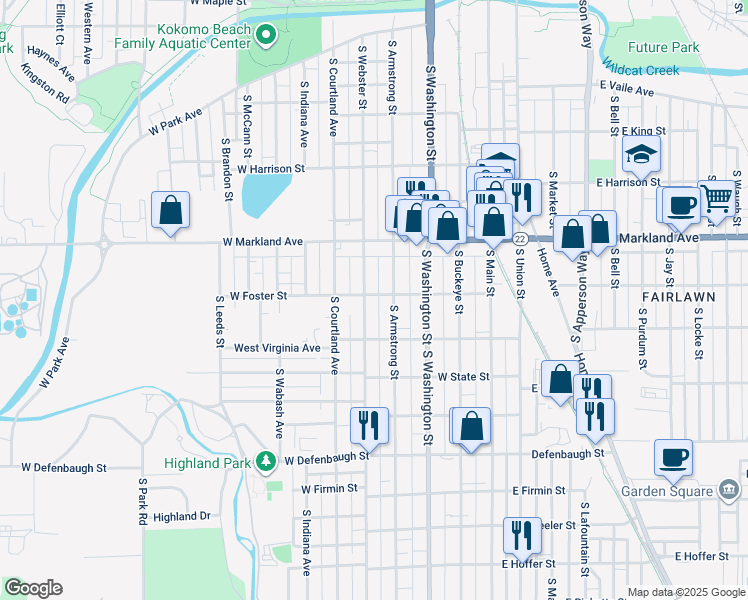 map of restaurants, bars, coffee shops, grocery stores, and more near 415 W Foster St in Kokomo