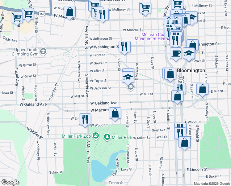map of restaurants, bars, coffee shops, grocery stores, and more near 805 W Mill St in Bloomington