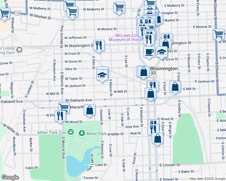 map of restaurants, bars, coffee shops, grocery stores, and more near 510 South Mason Street in Bloomington