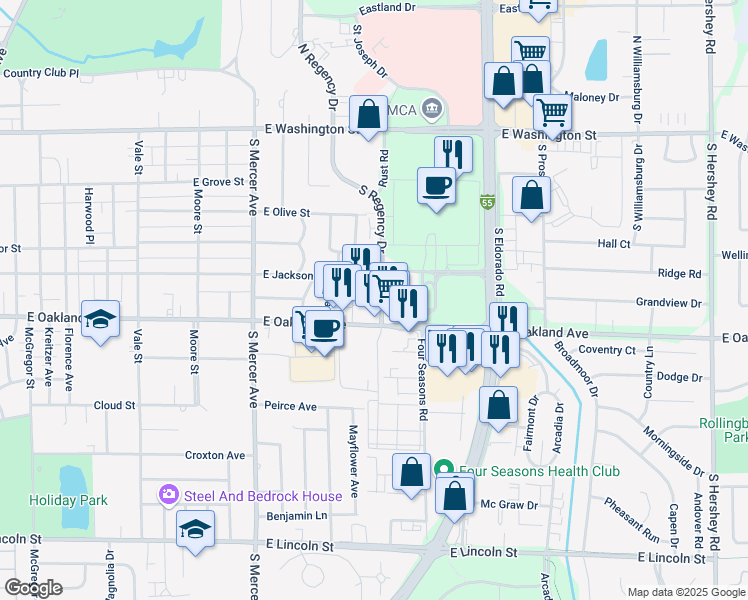 map of restaurants, bars, coffee shops, grocery stores, and more near 2310 East Oakland Avenue in Bloomington