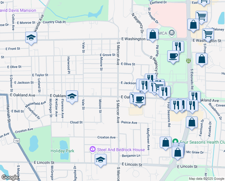 map of restaurants, bars, coffee shops, grocery stores, and more near 7 Oakland Court in Bloomington