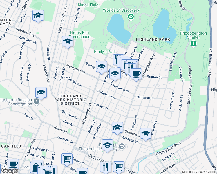 map of restaurants, bars, coffee shops, grocery stores, and more near 1023 Mellon Street in Pittsburgh