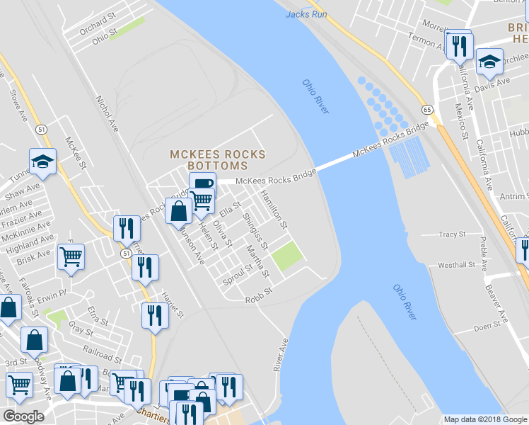 map of restaurants, bars, coffee shops, grocery stores, and more near 308 Gardner Street in McKees Rocks