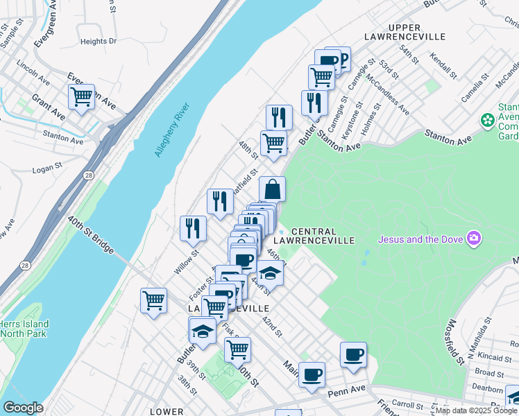 map of restaurants, bars, coffee shops, grocery stores, and more near 4644 Plummer Street in Pittsburgh