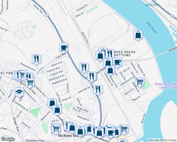 map of restaurants, bars, coffee shops, grocery stores, and more near 827 O'Donovan Street in McKees Rocks