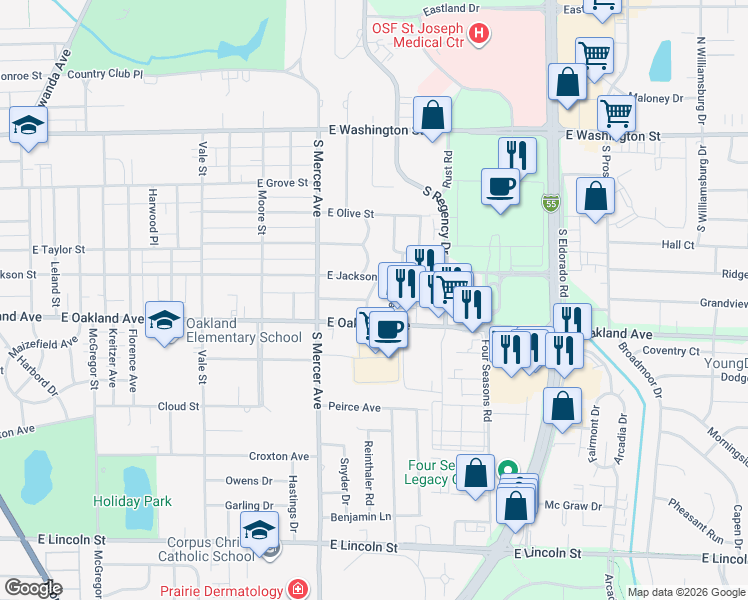 map of restaurants, bars, coffee shops, grocery stores, and more near 506 Patterson Drive in Bloomington