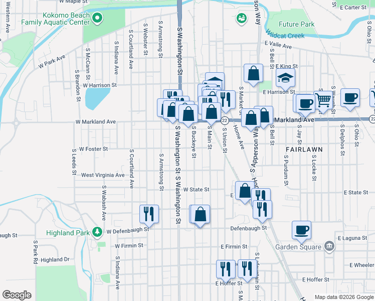 map of restaurants, bars, coffee shops, grocery stores, and more near 211 West Foster Street in Kokomo