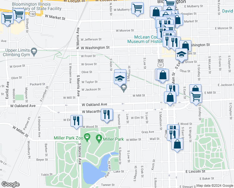 map of restaurants, bars, coffee shops, grocery stores, and more near 717 West Mill Street in Bloomington