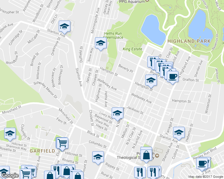 map of restaurants, bars, coffee shops, grocery stores, and more near 5514 Wellesley Avenue in Pittsburgh