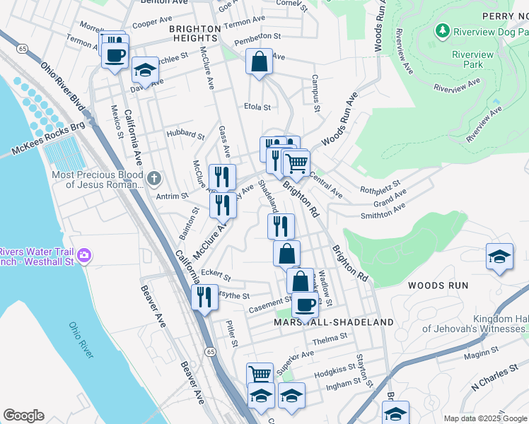 map of restaurants, bars, coffee shops, grocery stores, and more near 1329 Geyer Avenue in Pittsburgh