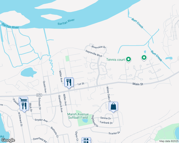 map of restaurants, bars, coffee shops, grocery stores, and more near 6 Cheltenham Court in Sayreville