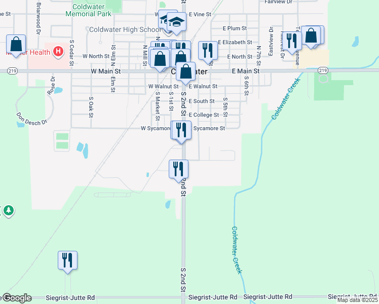 map of restaurants, bars, coffee shops, grocery stores, and more near 545 S 2nd St in Coldwater