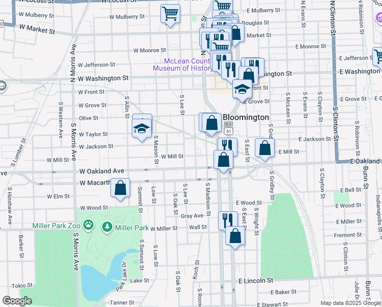 map of restaurants, bars, coffee shops, grocery stores, and more near 401 West Mill Street in Bloomington