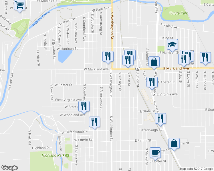 map of restaurants, bars, coffee shops, grocery stores, and more near 309 West Foster Street in Kokomo