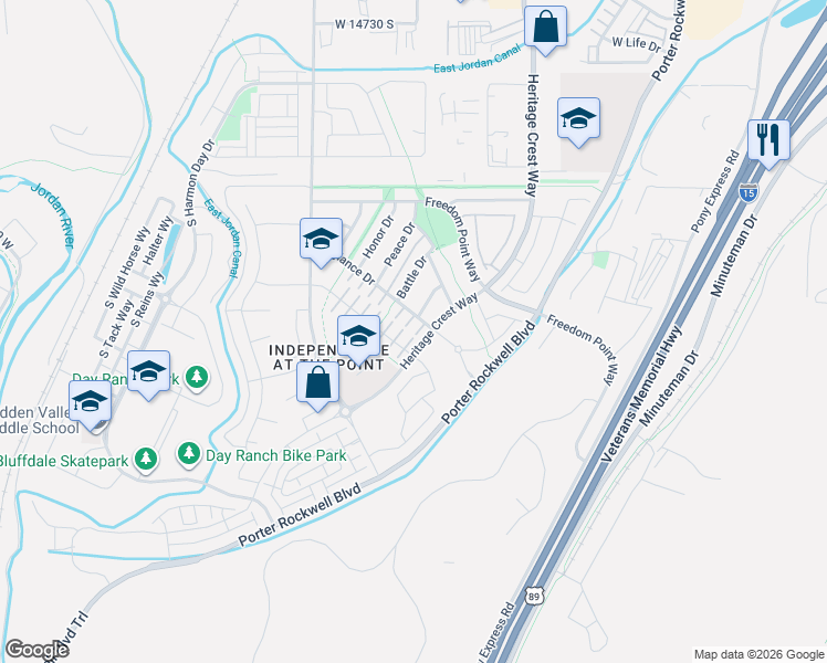 map of restaurants, bars, coffee shops, grocery stores, and more near 15241 Army Lane in Bluffdale