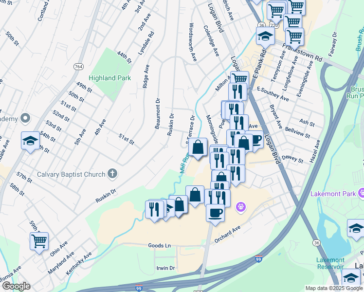 map of restaurants, bars, coffee shops, grocery stores, and more near 622 North Terrace Drive in Altoona