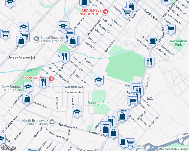 map of restaurants, bars, coffee shops, grocery stores, and more near 870 Nassau Street in North Brunswick Township
