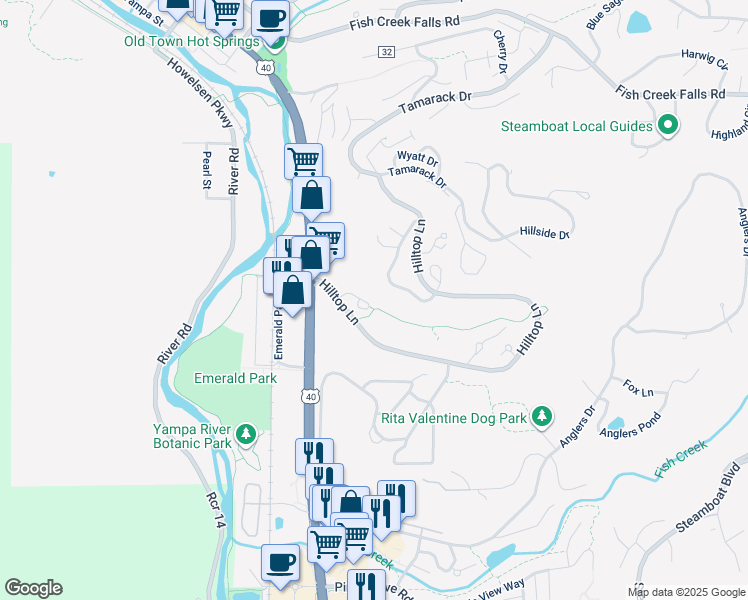 map of restaurants, bars, coffee shops, grocery stores, and more near 330 Fox Springs Circle in Steamboat Springs