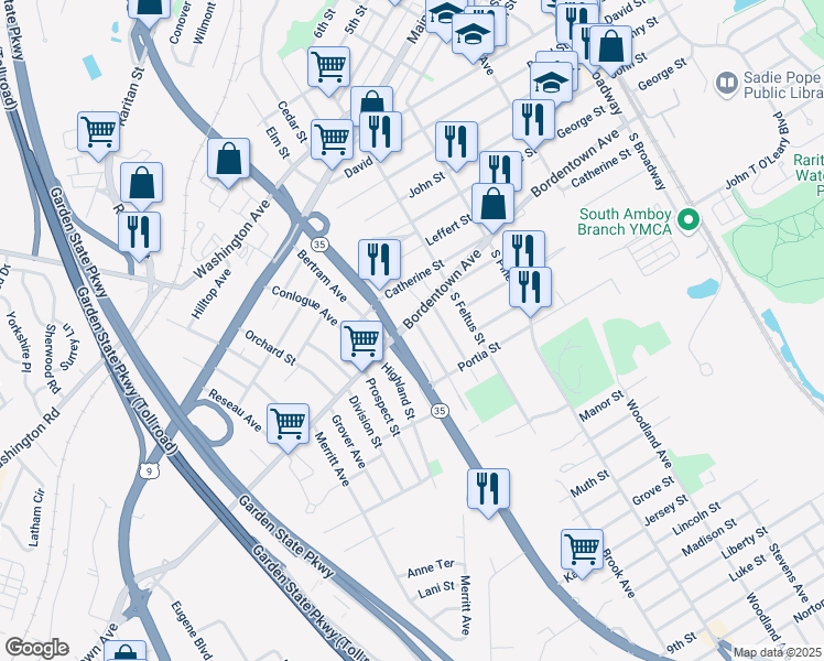 map of restaurants, bars, coffee shops, grocery stores, and more near 324 Parker Avenue in South Amboy