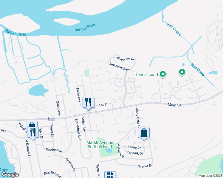 map of restaurants, bars, coffee shops, grocery stores, and more near 6 Cheltenham Court in Sayreville
